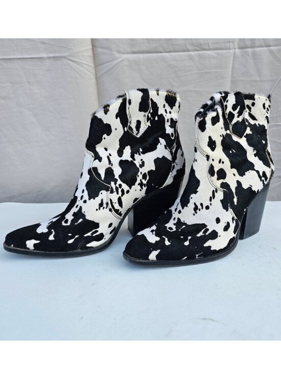 Aurora Cowhide Ankle Boots | Size 7 – Stiefeld Boots Black & White Cowhide Western Ankle Booties - Women\'s Size 9